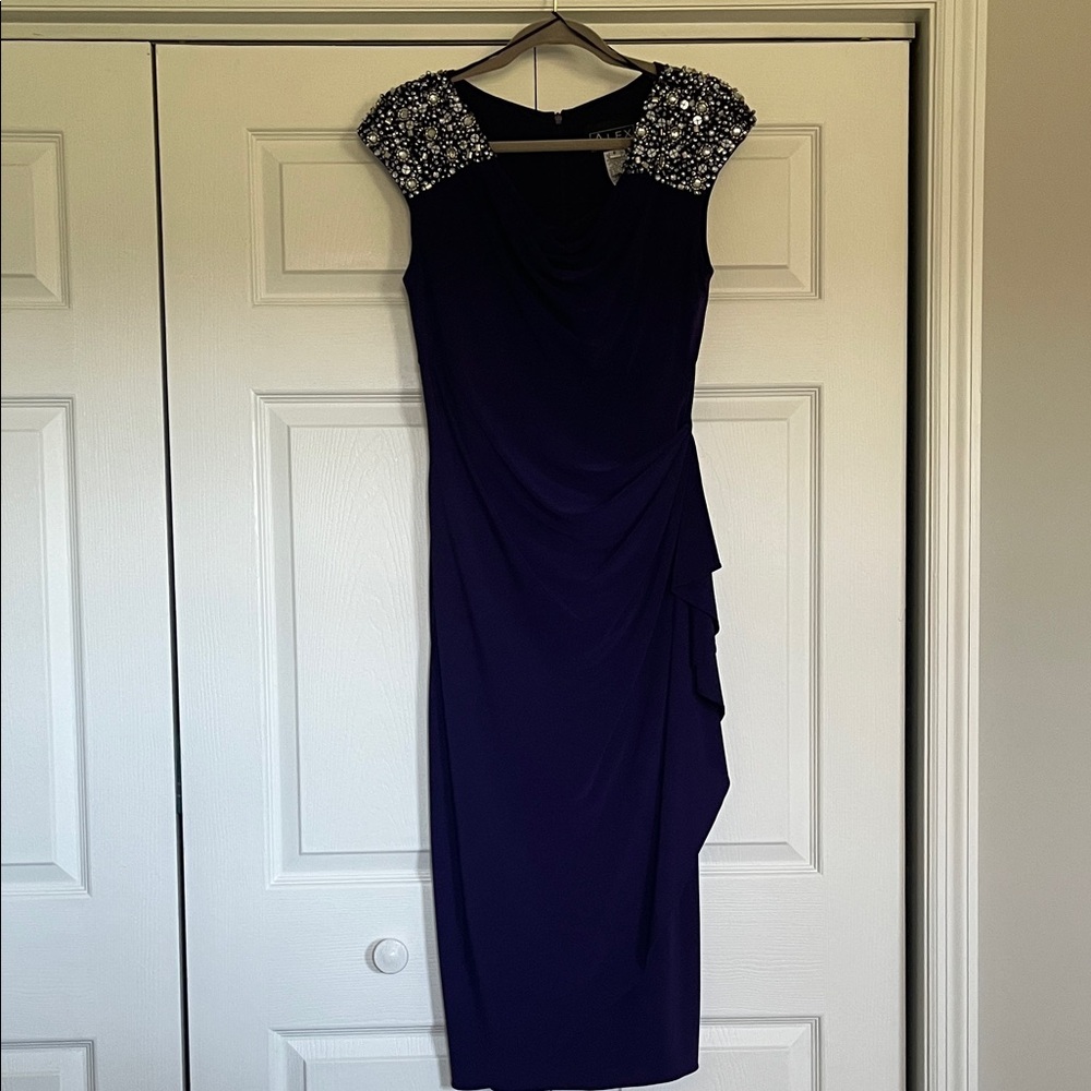 Alex Evenings Deep Purple  Midi Dress with Beaded Cap Sleeves